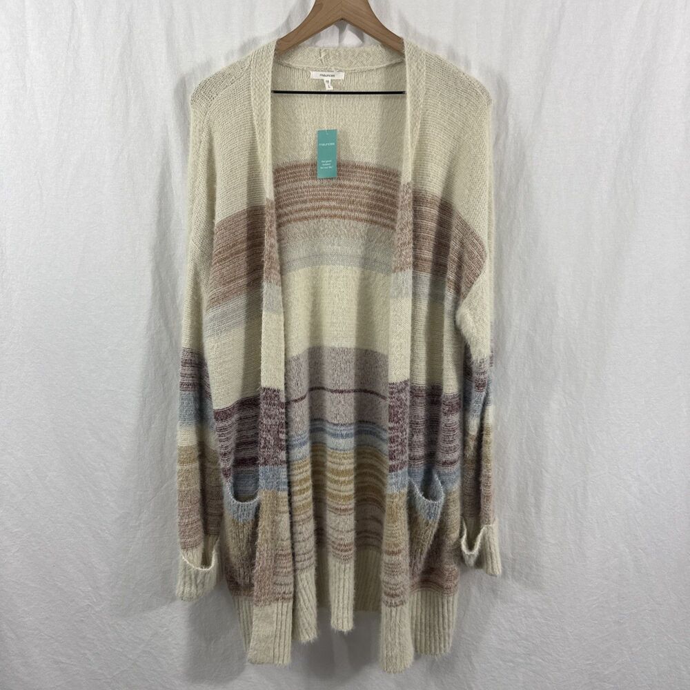 Maurice’s Fuzzy Colorblock Striped Longline Cardigan Women’s Sz L Pockets Boho